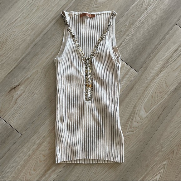 Belldini Cream Sleeveless Ribbed Tank Top with Zipper and Gold Beaded Details - Picture 1 of 9